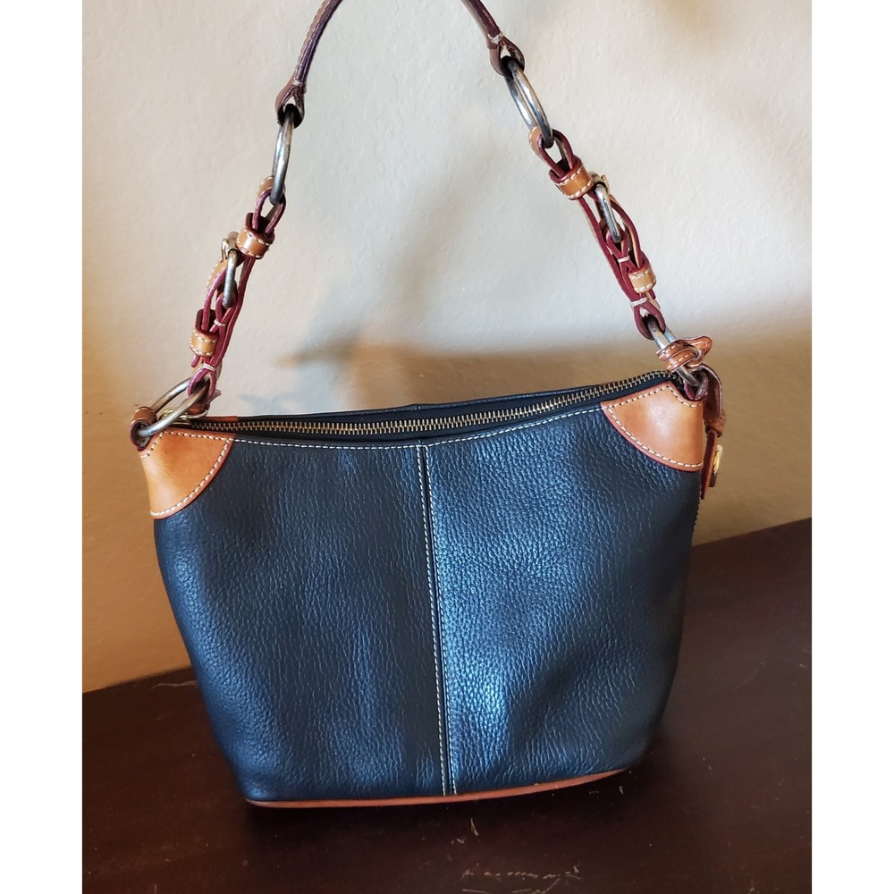 Dooney & Bourke Navy Blue Pebbled Leather Hobo Shoulder Bag Tan Trim